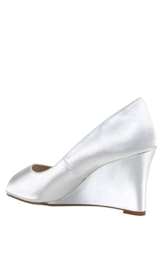 The Nicole White Peep Toe 3in Prom Shoes 4588 are elegant white satin wedge heels, shown in profile on a plain white background—perfect for prom or special occasions.