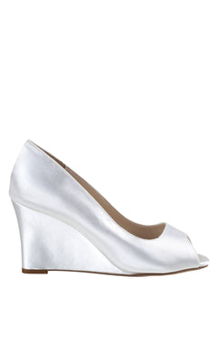 The Nicole White Peep Toe 3in Prom Shoes 4588 features a satin wedge with a low heel, ideal for prom, showcased in profile against a plain white background.