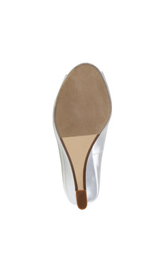 Bottom view of a silver high heel with a tan sole and brown tip—an ideal match for the Nicole White Peep Toe 3in Prom Shoes 4588.