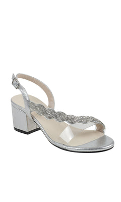 The Silver Twisted Rhinestone Low Heel Prom Shoes Ruby 4590 feature an open toe, ankle strap, and a wavy rhinestone-adorned front strap for sparkle.