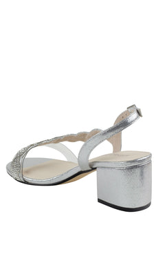 The Silver Twisted Rhinestone Low Heel Prom Shoes Ruby 4590 feature sparkling rhinestones, a low block heel, and ankle strap—stylish silver open-toe shoes ideal for adding glamour to your next special event.