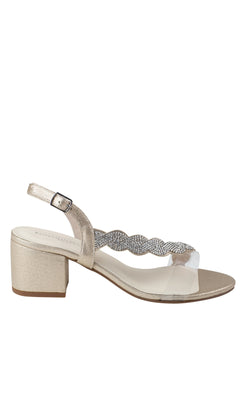 The Champagne Twisted Low Heel Prom Shoes Ruby 4591 feature a block heel, ankle strap with buckle closure, clear toe strap, and wavy rhinestone-embellished upper—glamorous prom sandals perfect for your special night.