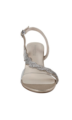 Front view of the Champagne Twisted Low Heel Prom Shoes Ruby 4591 featuring a metallic finish, ankle strap, and rhinestone braided toe band—ideal for prom or special occasions.