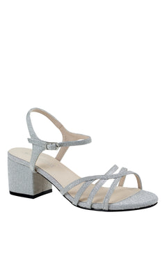 Delilah Silver Low Heel Strappy Prom Shoes 4593 feature a glittery finish, low block heel, ankle strap, and multiple thin front straps—ideal prom shoes shown on a plain white background.
