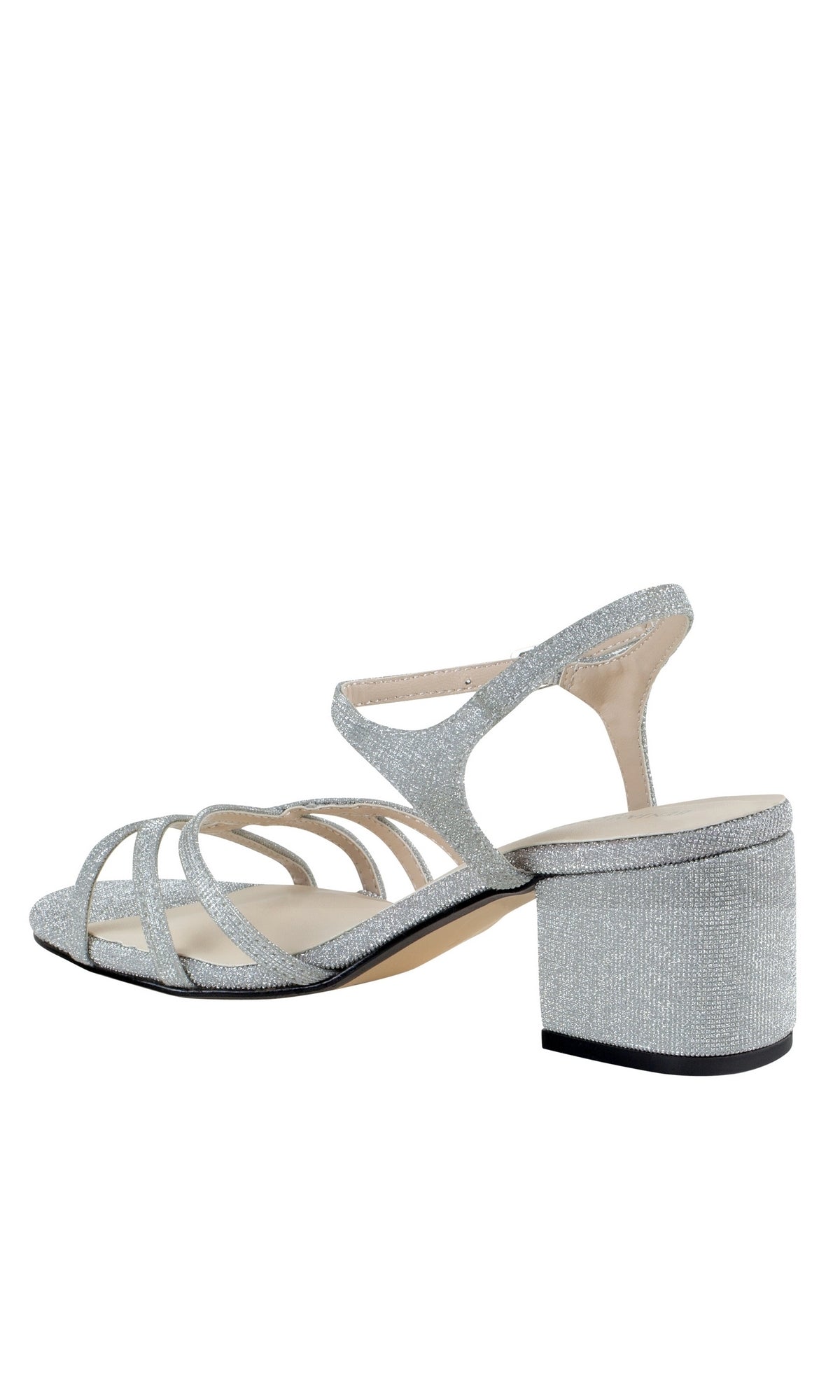 Delilah Silver Low Heel Strappy Prom Shoes 4593 feature silver glitter straps, an open toe, block heel, and ankle strap—perfect for prom. Shown in a side view on a white background.