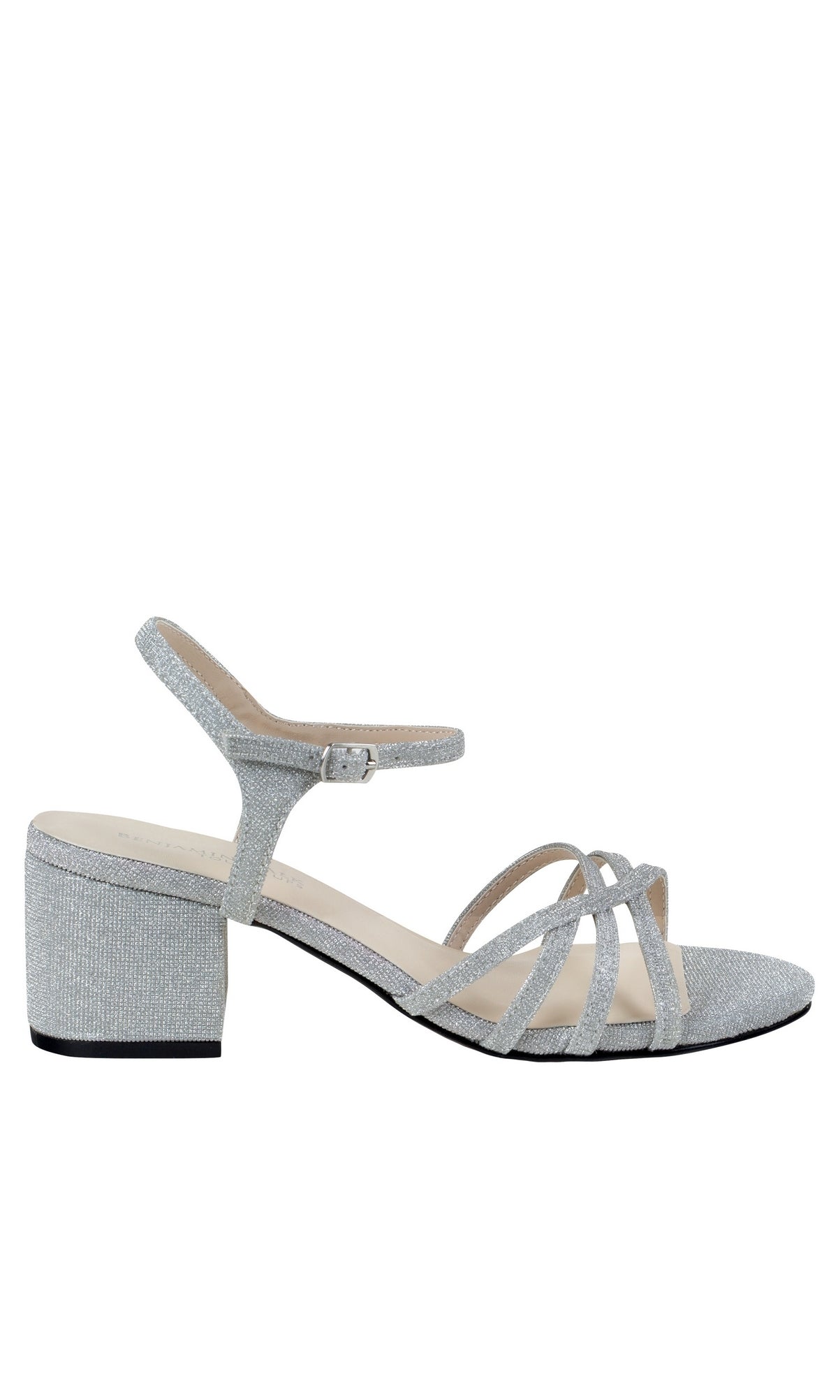 The Delilah Silver Low Heel Strappy Prom Shoes 4593 feature multiple thin straps and an ankle buckle, elegantly displayed in side profile against a white background.