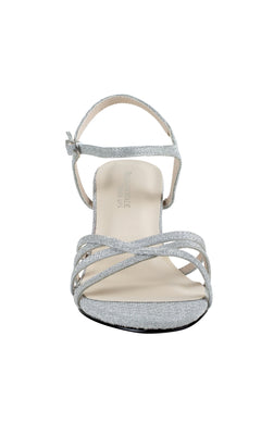 Front view of Delilah Silver Low Heel Strappy Prom Shoes 4593 with ankle strap, ideal for special occasions, shown against a white background.