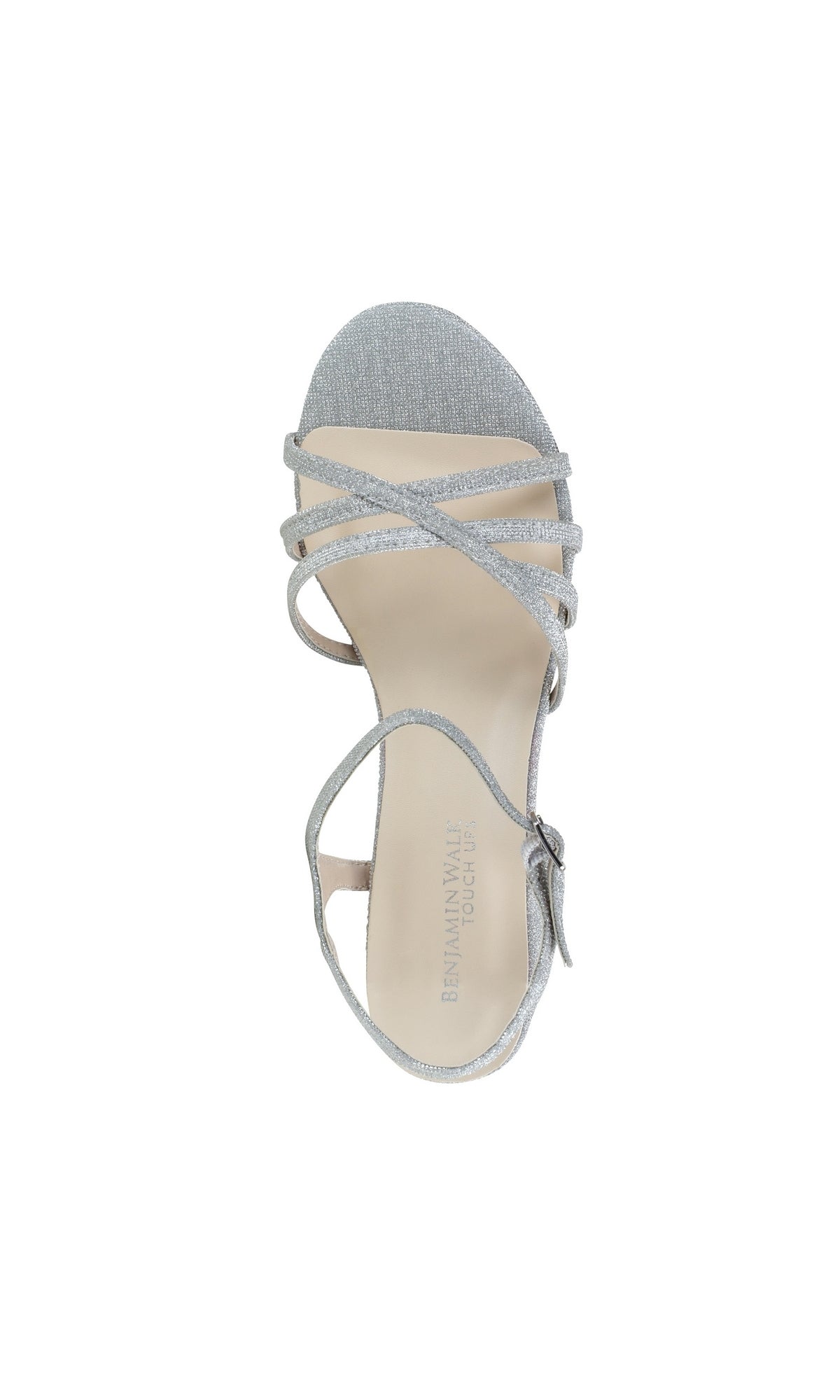 Top view of the Delilah Silver Low Heel Strappy Prom Shoes 4593 featuring an open toe, ankle strap, and beige sole—ideal for adding elegance to your prom night look.