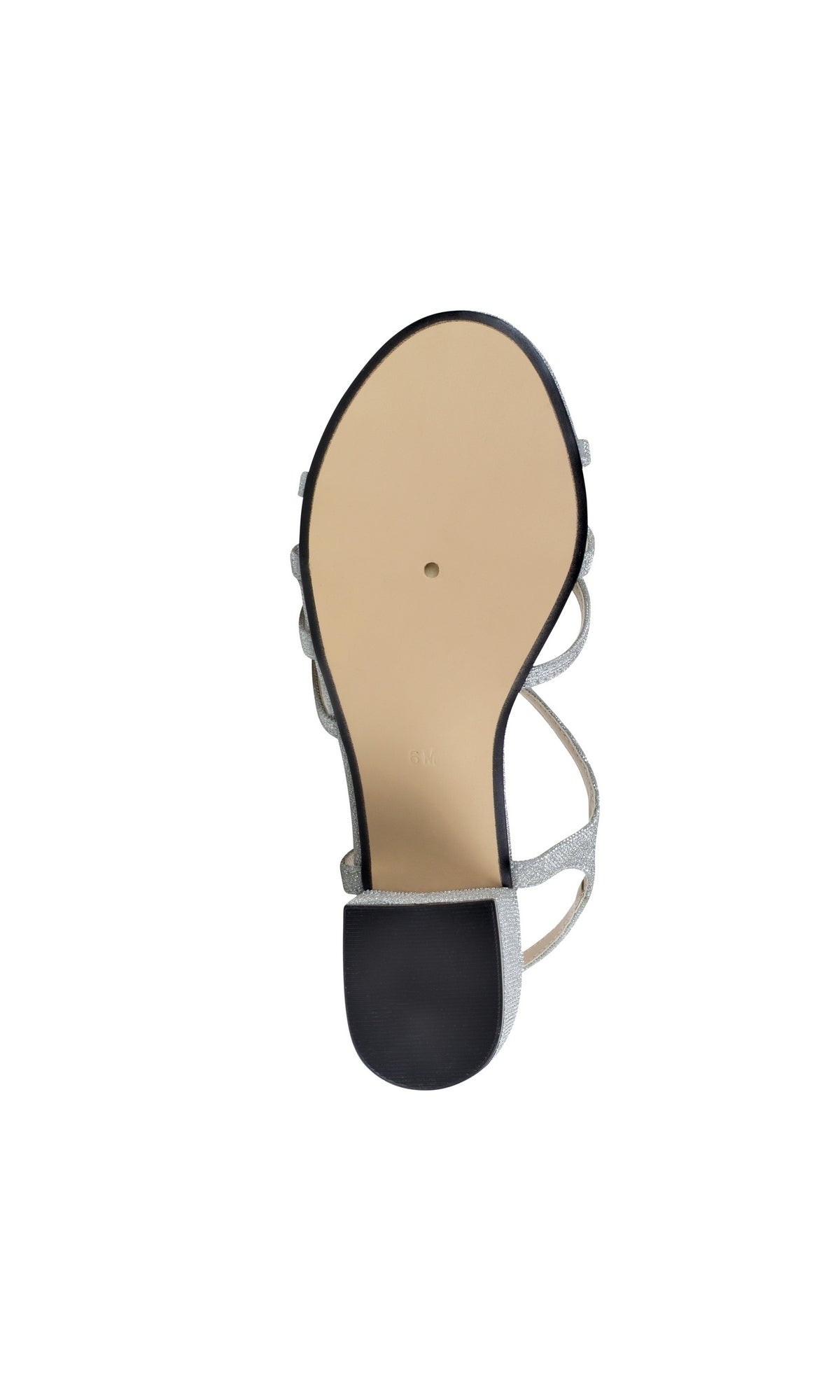 The image shows the bottom view of the Delilah Silver Low Heel Strappy Prom Shoe 4593, featuring a flat beige sole, black heel, and silver strappy design.