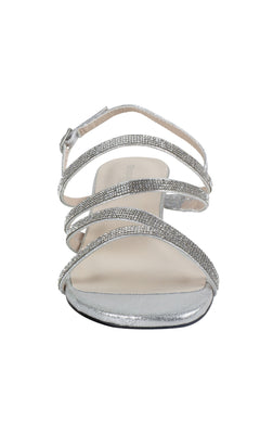 The Jodi Rhinestone Silver Prom Sandals by Touch Ups (4595) feature a jeweled open toe, rhinestone accents, silver strappy design, and an ankle buckle strap, displayed from the front on a white background.