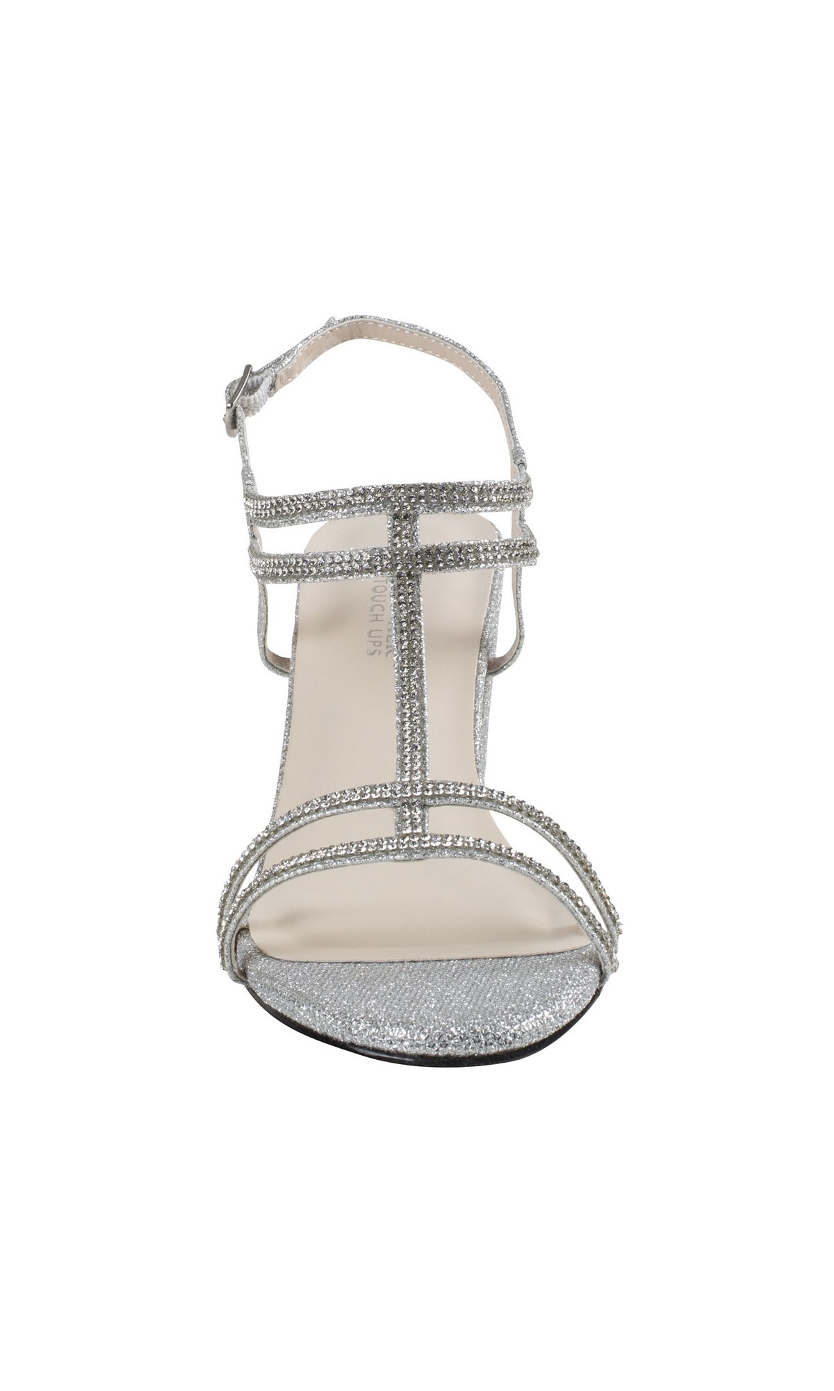 Front view of Sam Silver Block Heel Prom Shoes 4597 featuring rhinestone embellishments, an ankle strap, and open toe design, displayed on a white background.
