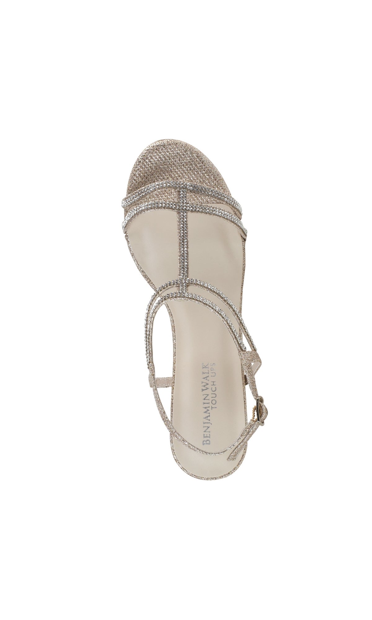 A single open-toe sandal with glittery straps and a small buckle, viewed from above, features the 
