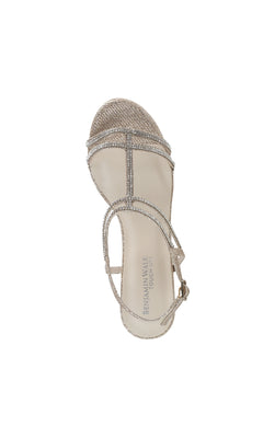 A single open-toe sandal with glittery straps and a small buckle, viewed from above, features the "Sam Champagne Black Heel Prom Shoes 4598" label on the insole—ideal rhinestone heels for special occasions like prom.