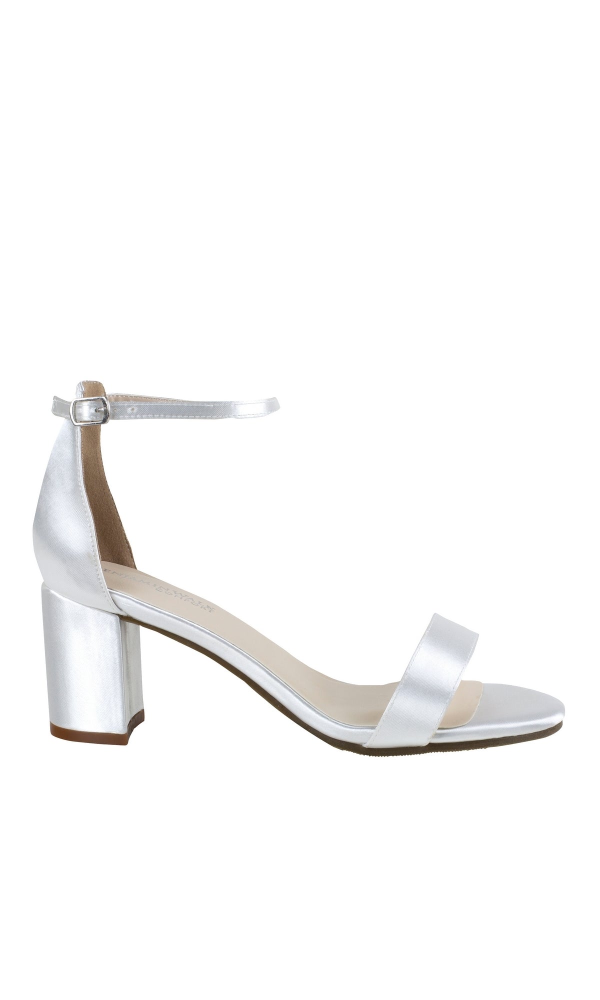 The January White Low Heel Prom Shoes 4599 feature an open toe, block heel, single toe strap, and ankle strap with buckle—ideal for a chic evening look or as stylish prom shoes.