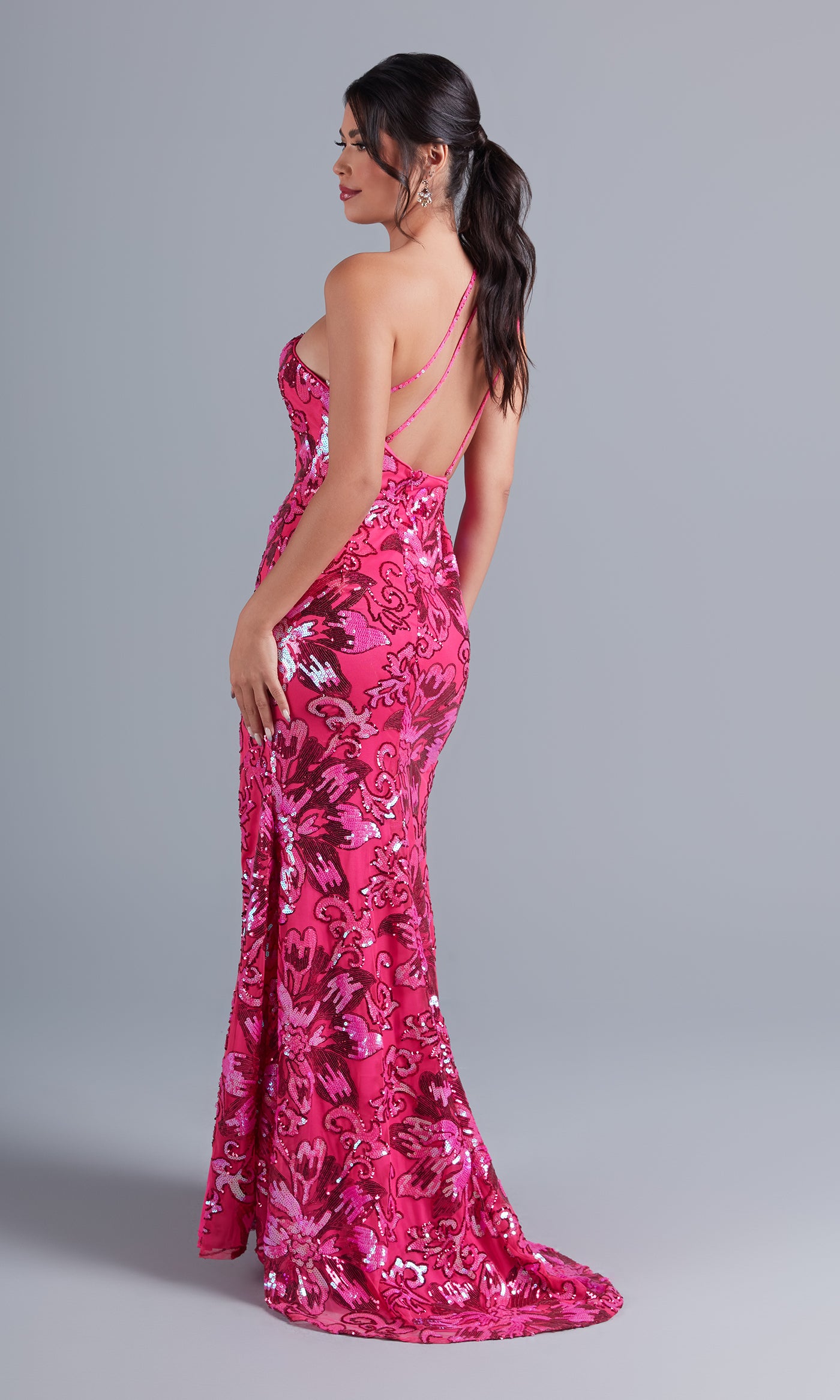 PromGirl One-Shoulder Hot Pink Sequin Prom Dress
