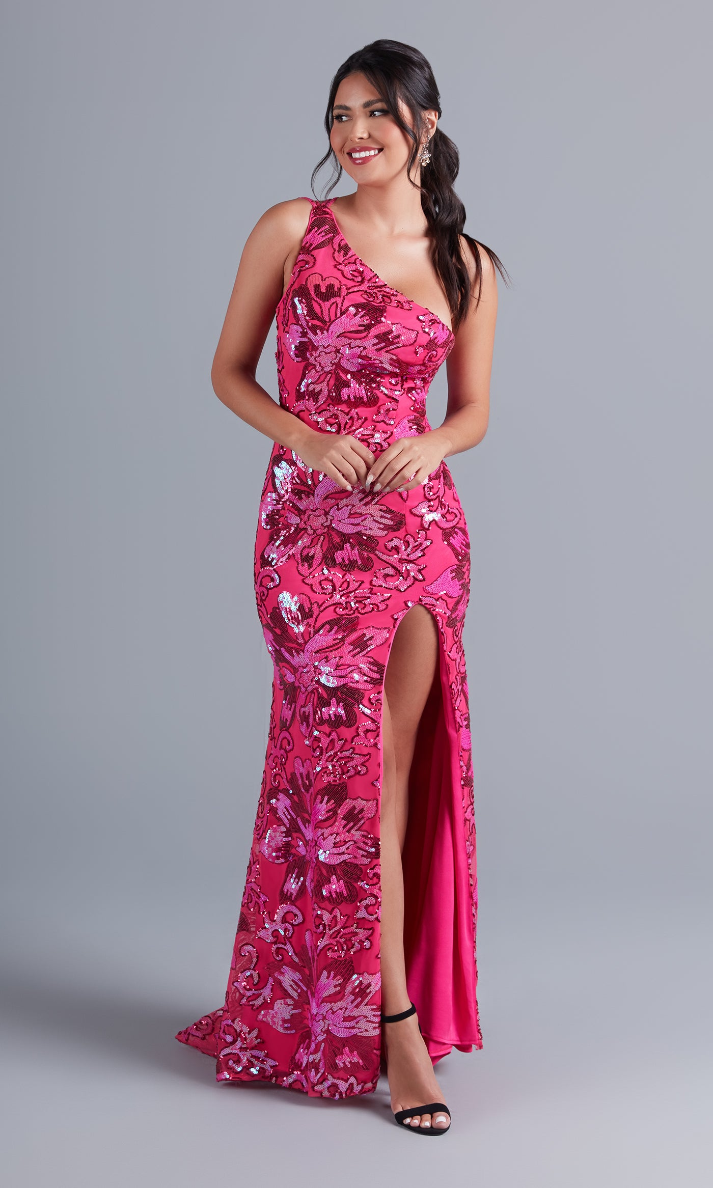One-Shoulder Hot Pink Sequin Prom Dress - PromGirl