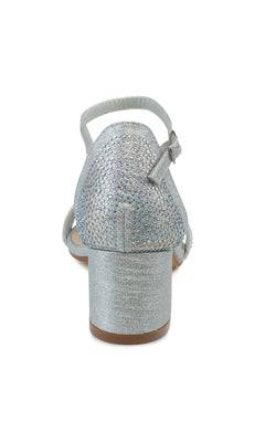 Back view of the Astra Silver Low Block-Heel Prom Shoes 4601, featuring glittery rhinestone straps, a buckle ankle strap, and a stylish low block heel.