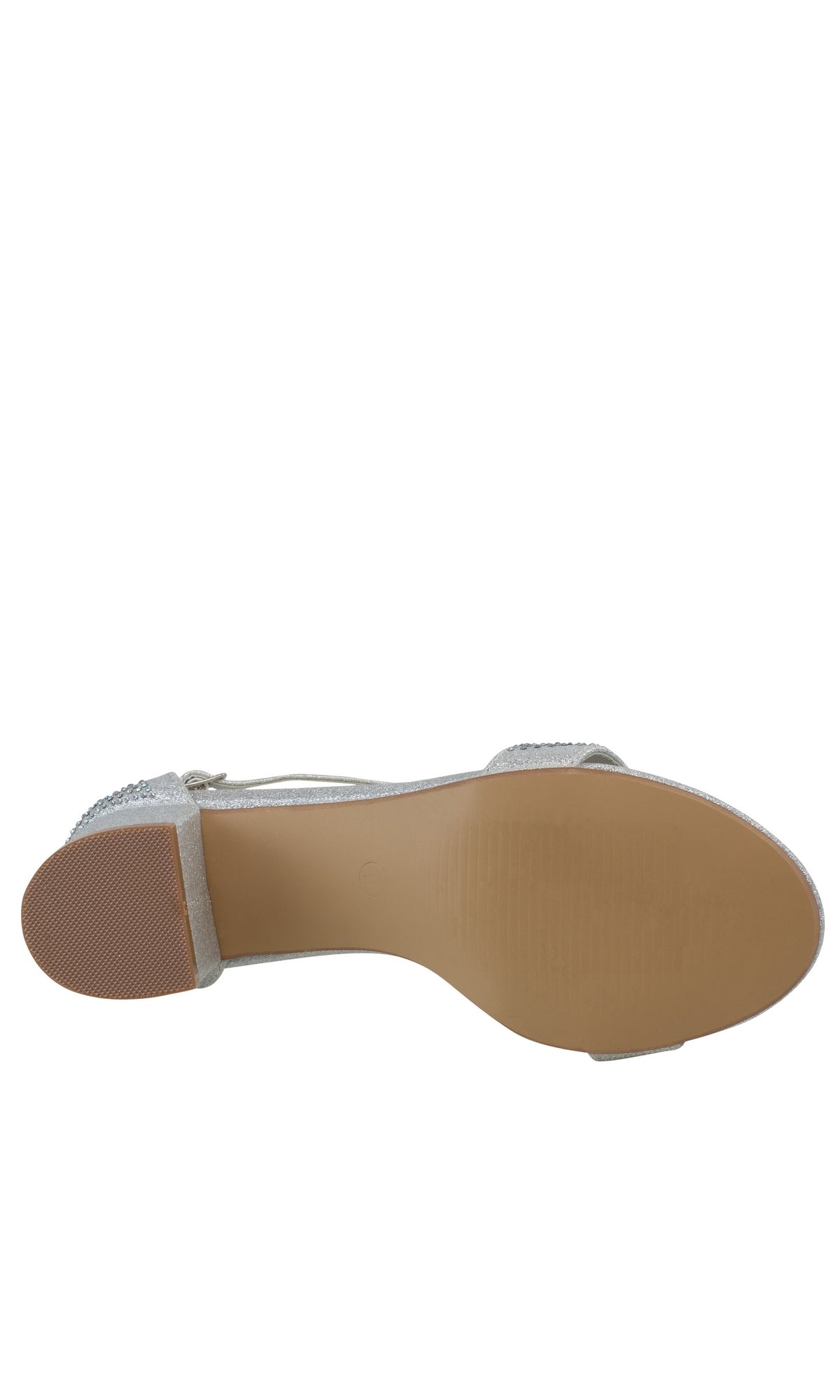 The image shows the bottom view of the Astra Silver Low Block-Heel Prom Shoes 4601, featuring a tan sole, low block heel, and elegant rhinestone straps.