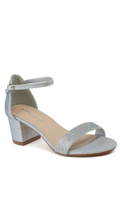 The Astra Silver Low Block-Heel Prom Shoes 4601 feature silver glitter, a low heel, ankle strap, open toe, and rhinestone toe straps—perfect as silver prom shoes, shown against a white background.