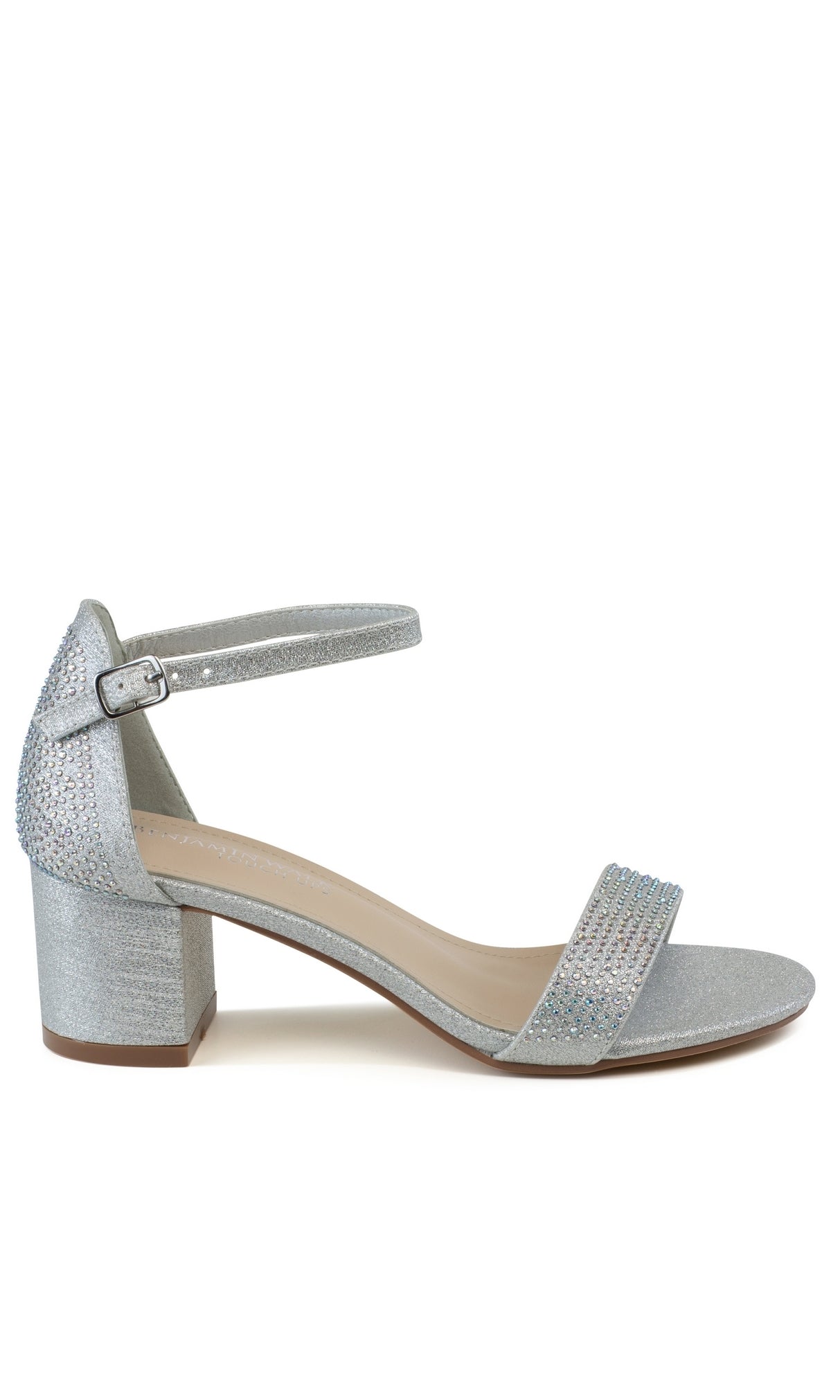 The Astra Silver Low Block-Heel Prom Shoes 4601 feature silver glitter, open toe, ankle strap with buckle, and dazzling rhinestone accents—a stunning choice for prom.