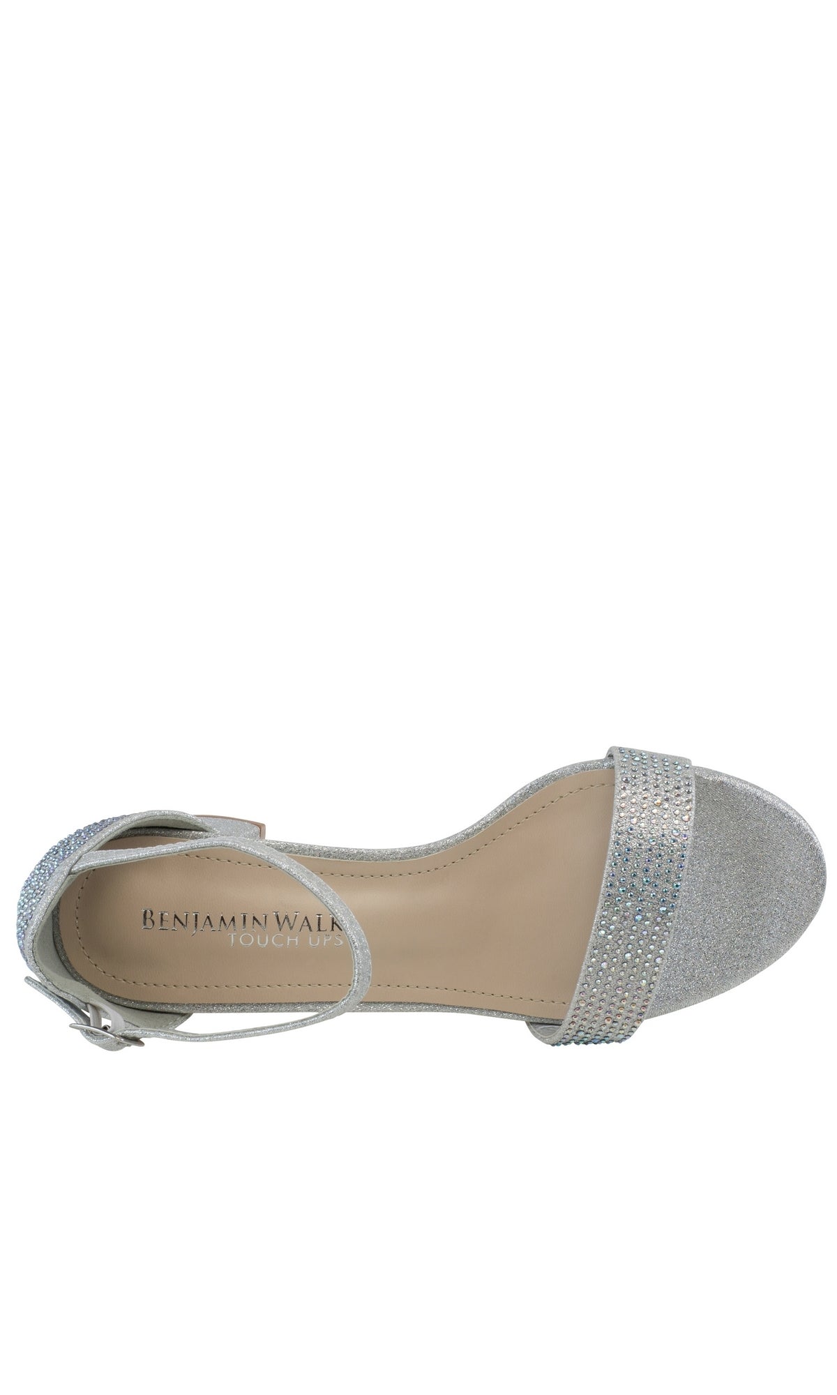 The Astra Silver Low Block-Heel Prom Shoe 4601 is shown from above, featuring a single silver design with an ankle strap, sparkling rhinestone straps, and 