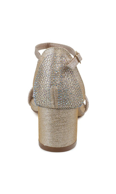 A rear view of the Astra Champagne Low Block-Heel Prom Shoes 4602, featuring a glittery gold block heel, rhinestone details, and an ankle strap with a small buckle.