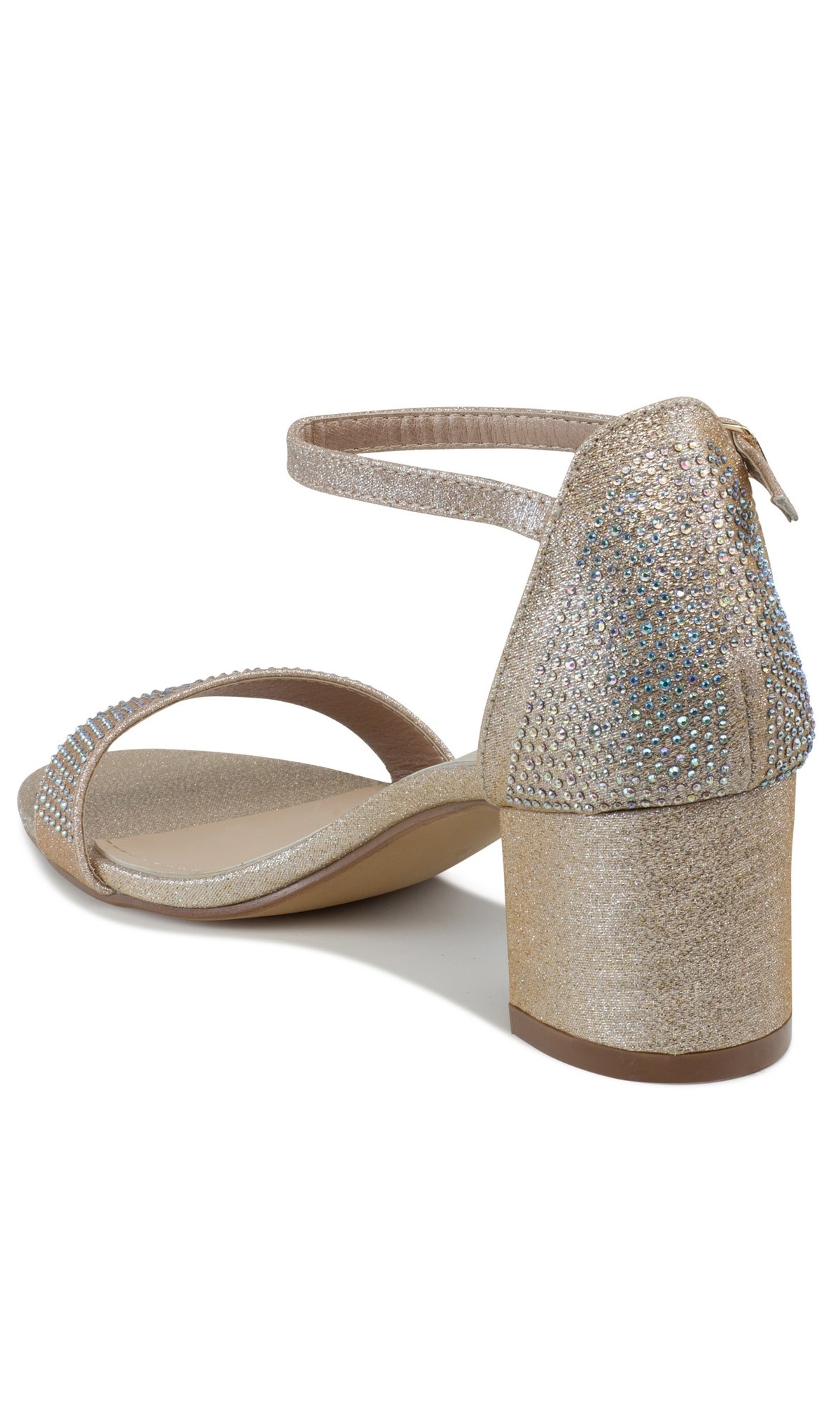The Astra Champagne Low Block-Heel Prom Shoes 4602 feature a gold glittery finish, rhinestone details, an ankle strap, and open toe; seen from the back, they're a stunning choice for prom.