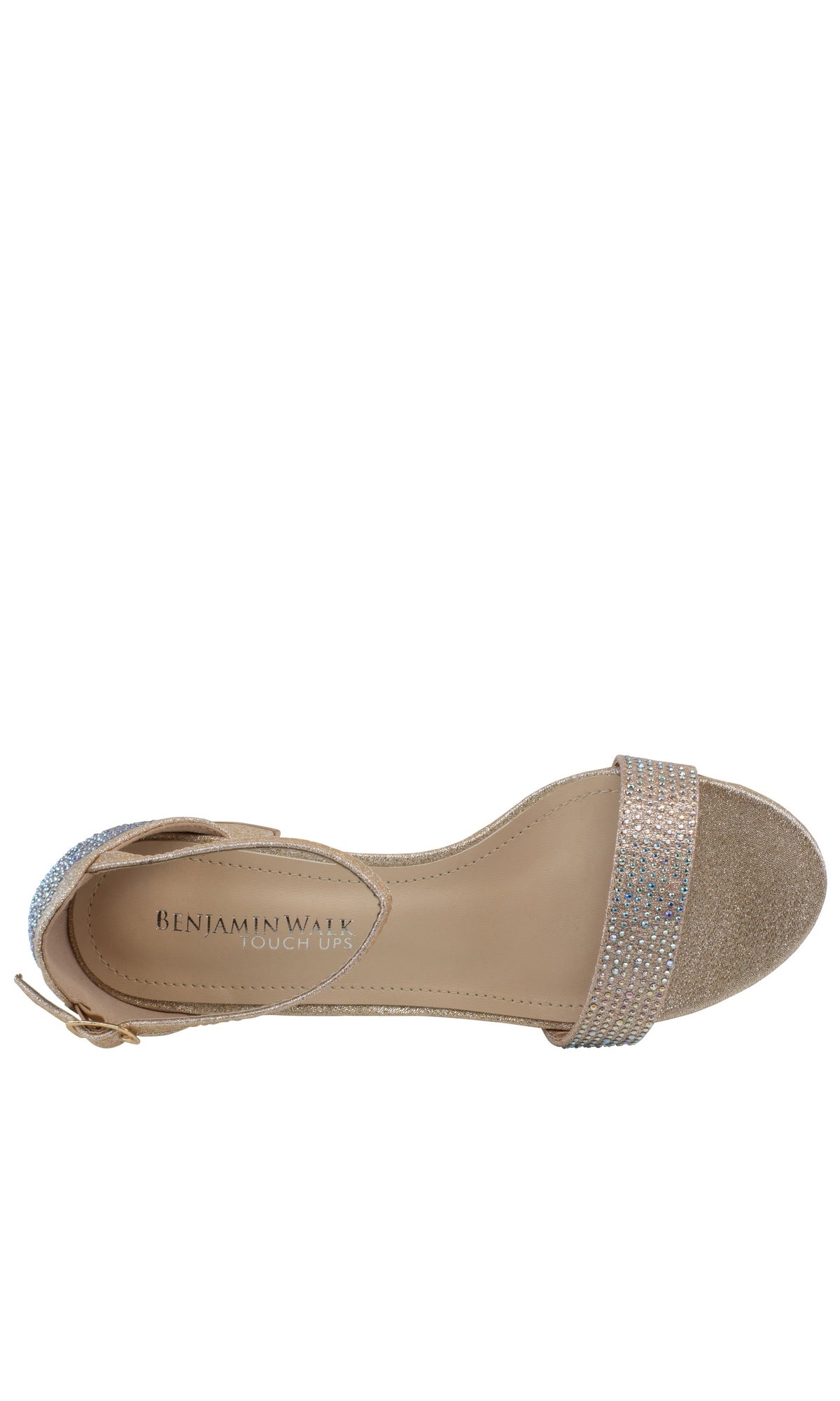 A top view of a single Astra Champagne Low Block-Heel Prom Shoe 4602 features a glittery, rhinestone-embellished toe strap and an ankle strap, with the 