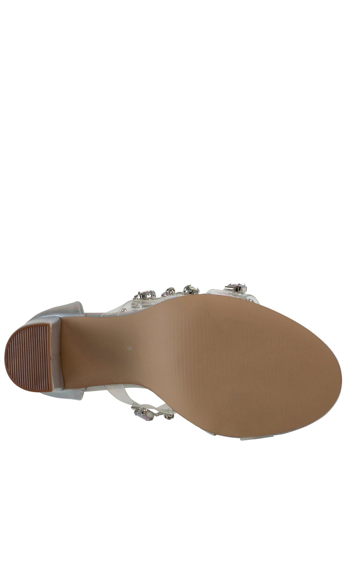 Bottom view of Ara High Heel Silver Prom Shoes 4603, featuring a light silver color, smooth sole, and upper straps embellished with decorative gemstones.