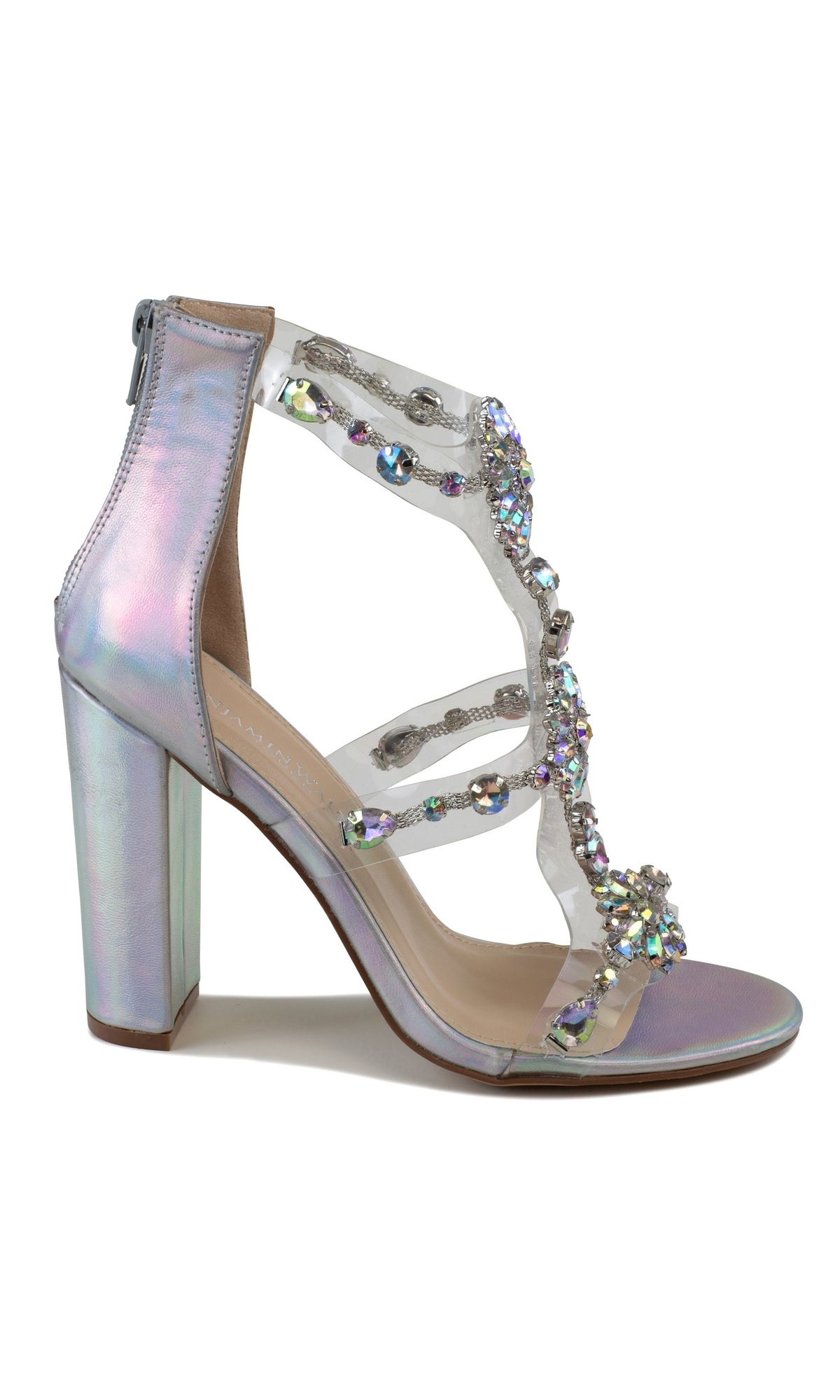 Step up your style with the Ara High Heel Silver Prom Shoes 4603—featuring a stunning iridescent finish, clear rhinestone-adorned straps, and a closed zippered back—perfect for any glamorous evening.