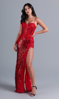PromGirl Sparkly Bright Red Sequin Long Prom Dress