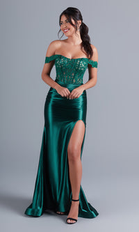 Off-the-Shoulder Long Emerald Green Prom Dress