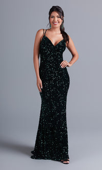 PromGirl Elegant Velvet Sequin Long Prom Dress