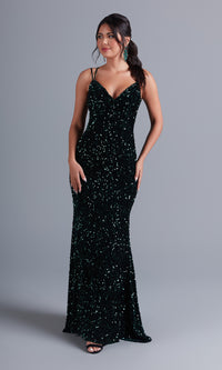 PromGirl Elegant Velvet Sequin Long Prom Dress