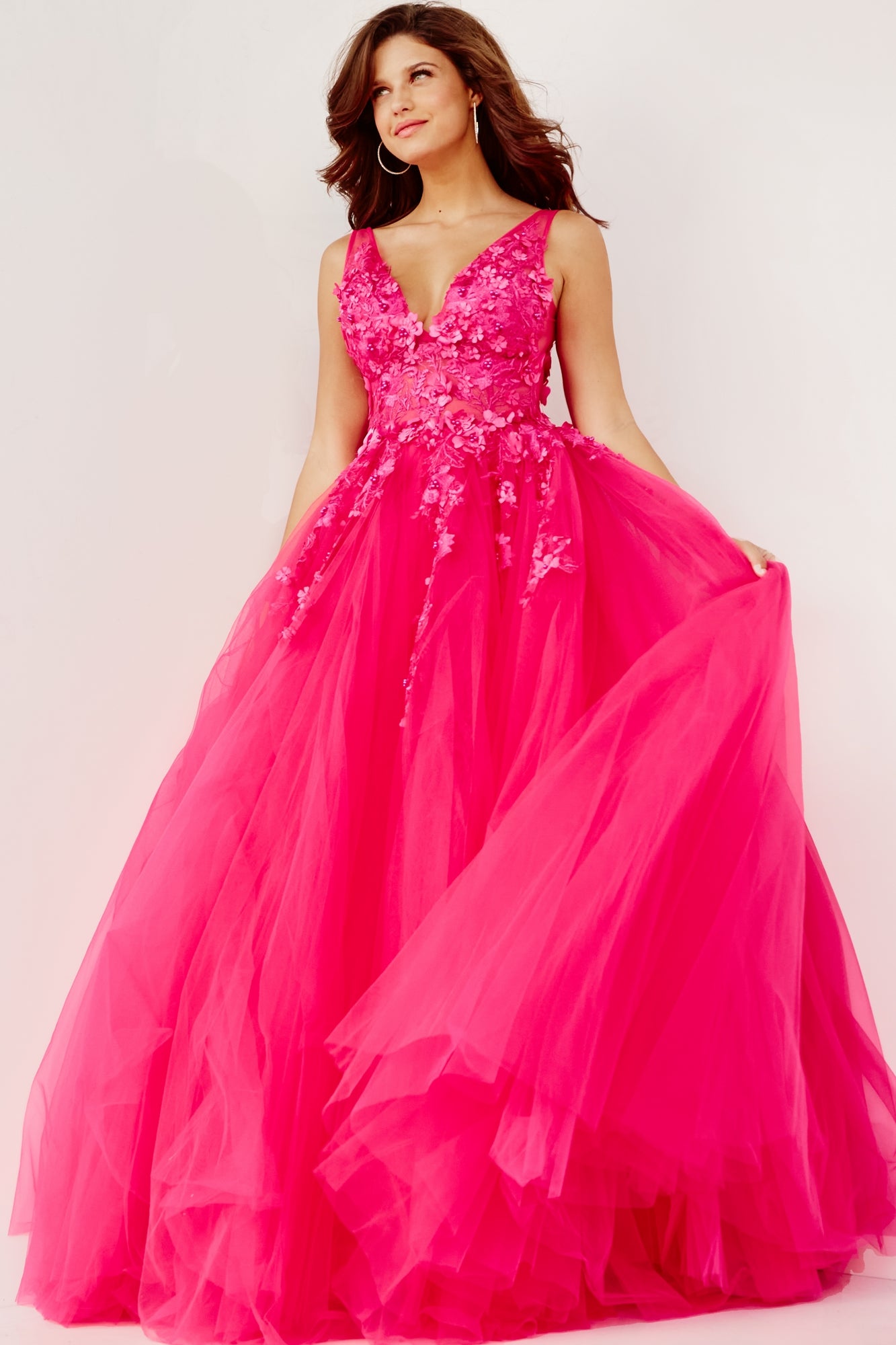 Jovani Tulle Prom Ball Gown with Floral Appliques