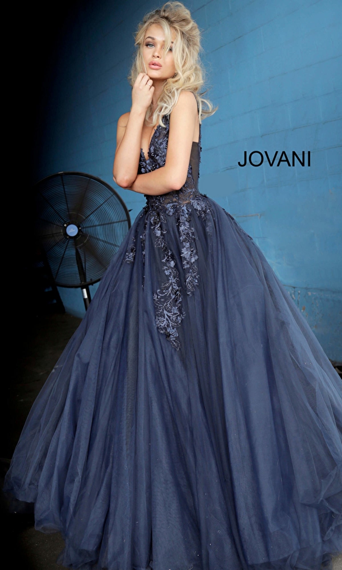 Jovani Tulle Prom Ball Gown with Floral Appliques