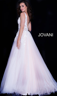 A woman poses against a black background wearing the Jovani Tulle Prom Ball Gown with Floral Appliques. The Jovani brand name is displayed beside her.