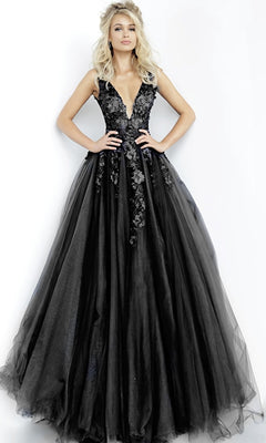 A woman stands against a white background wearing the Jovani Tulle Prom Ball Gown, featuring a sleeveless design, floor-length skirt, deep V-neckline, and delicate floral appliques on the lace bodice and skirt.