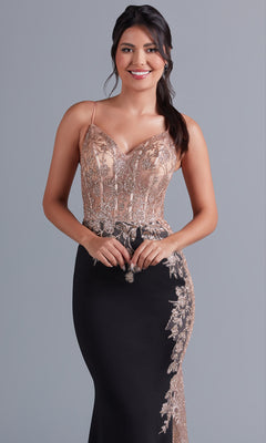 Long Illusion Prom Dress with Metallic Accents - PromGirl Black/Rose Gold / 2 Long Illusion Prom Dress with Metallic Accents - PromGirl Black/Rose Gold / 2