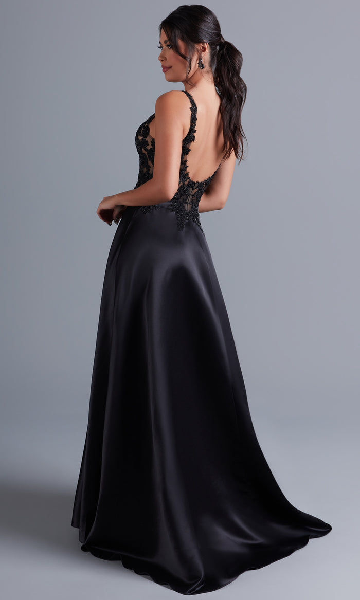 PromGirl Lace-Bodice Long Black A-Line Prom Dress
