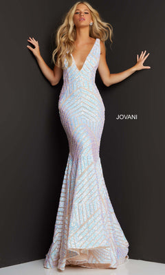 A woman poses by a dark wall wearing the Jovani Prom Dress with Striped Sequin Pattern, a fitted, sleeveless v-neck gown featuring floor-length iridescent sequins. "JOVANI" is visible on the right side.