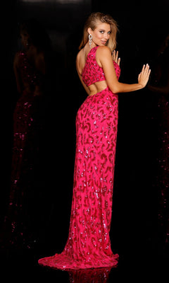 A woman poses against a black background in a fitted, floor-length pink One-Shoulder Long Prom Dress with sequins and an open back.