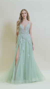 Open-Back Long Prom Ball Gown with Beads