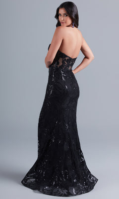 Model showcases the PromGirl Strapless Long Black Sequin Prom Dress, featuring sheer detailing and sequin embellishments, set against a plain gray background.