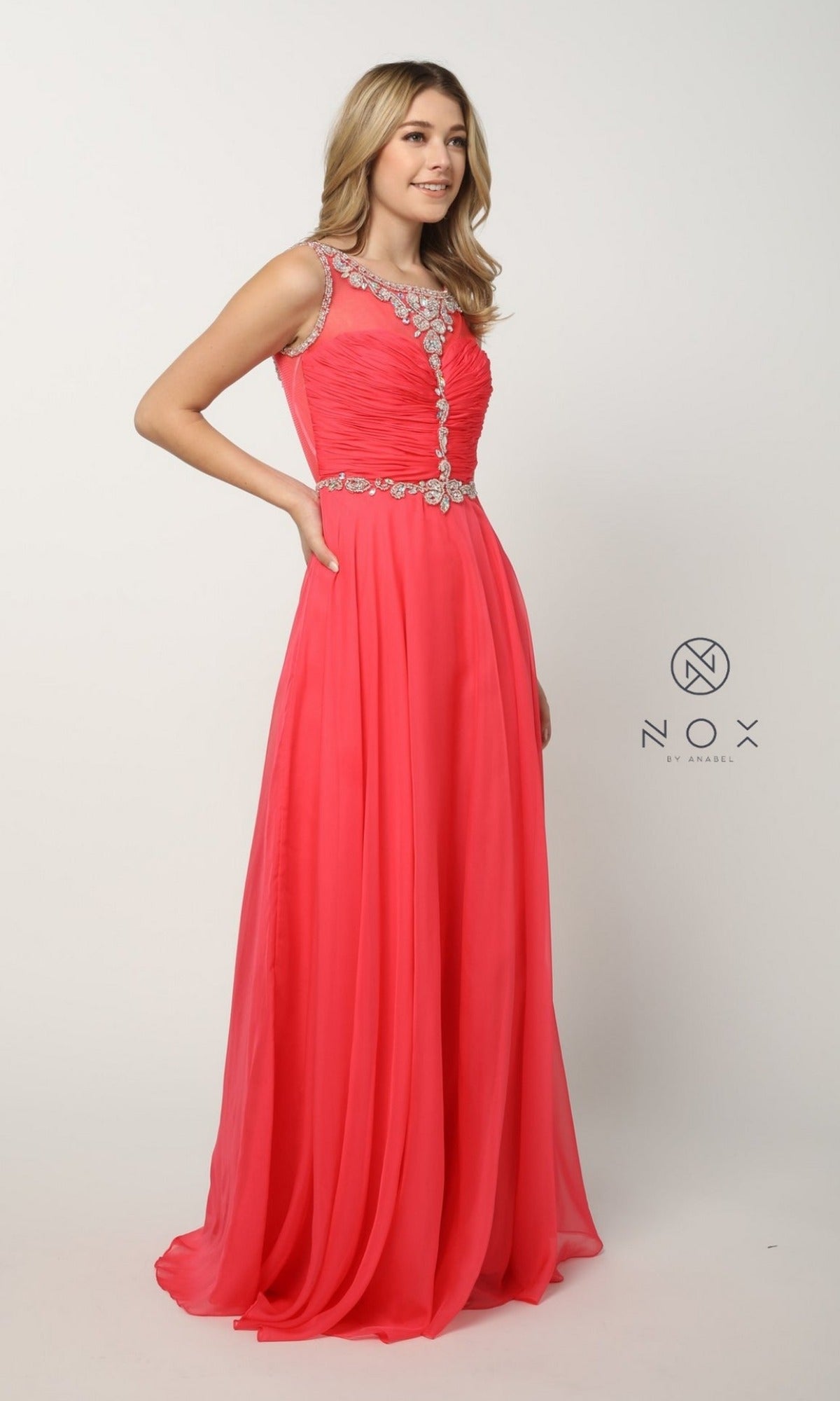 Watermelon Red Long Prom Dress with Beads