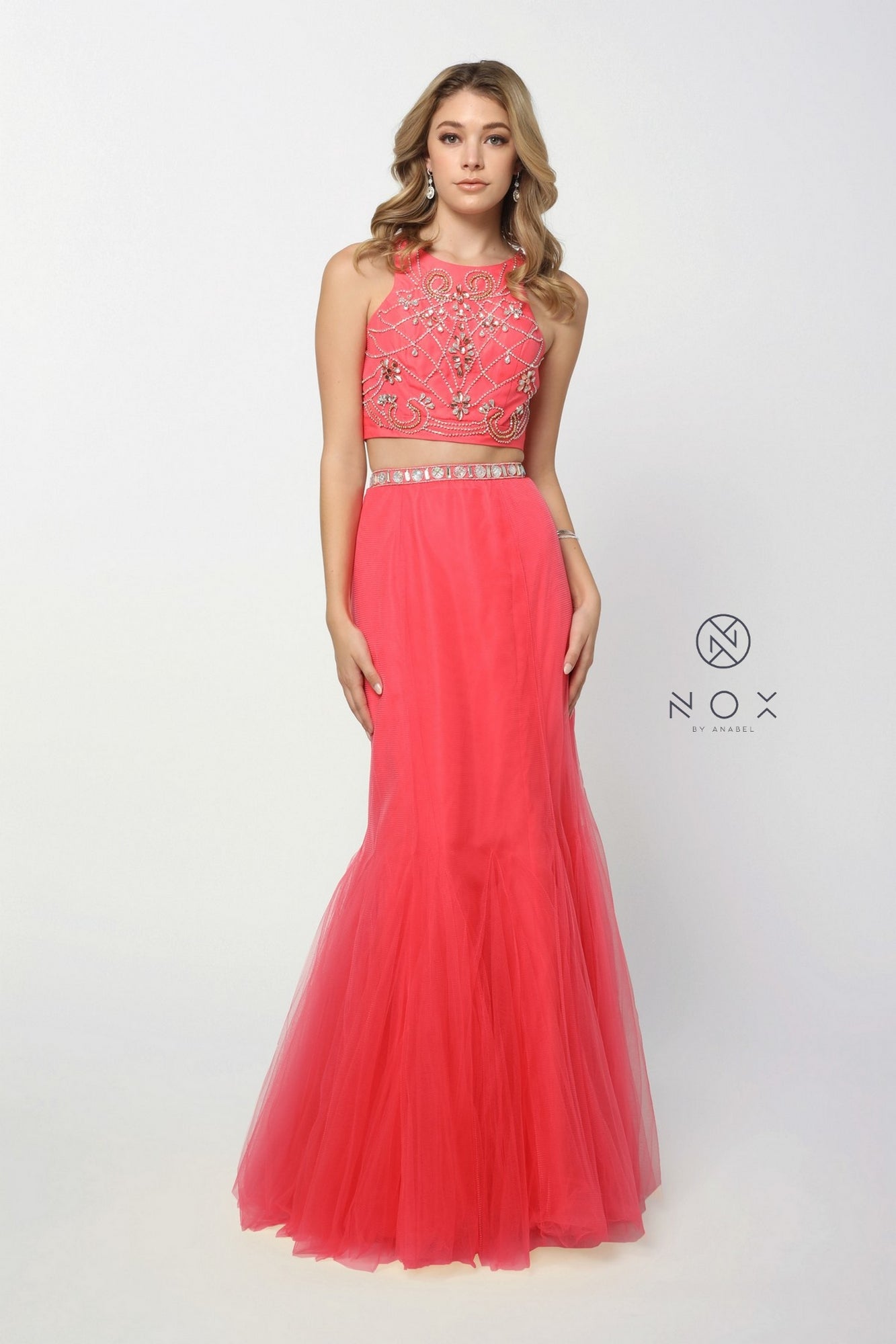 Coral two on sale piece prom dress