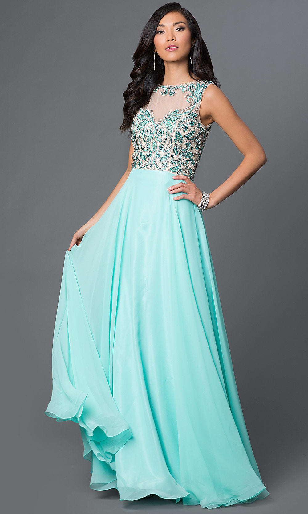 Jeweled-Bodice Open-Back Long A-Line Prom Dress