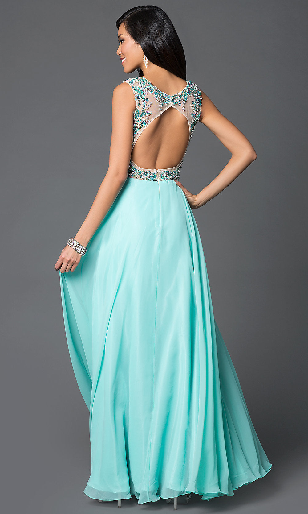 Jeweled-Bodice Open-Back Long A-Line Prom Dress