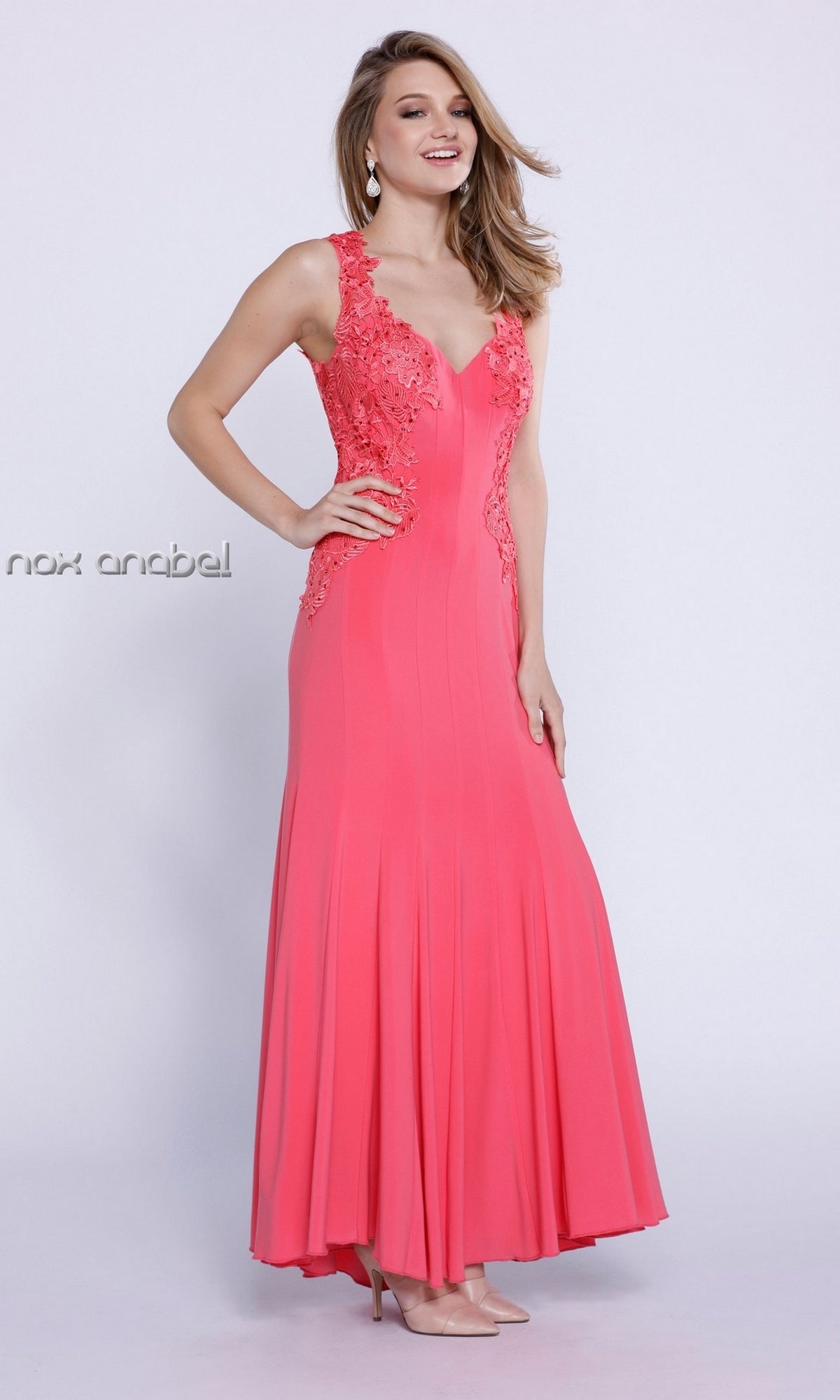 Sheer-Back Coral Pink Long Prom Dress