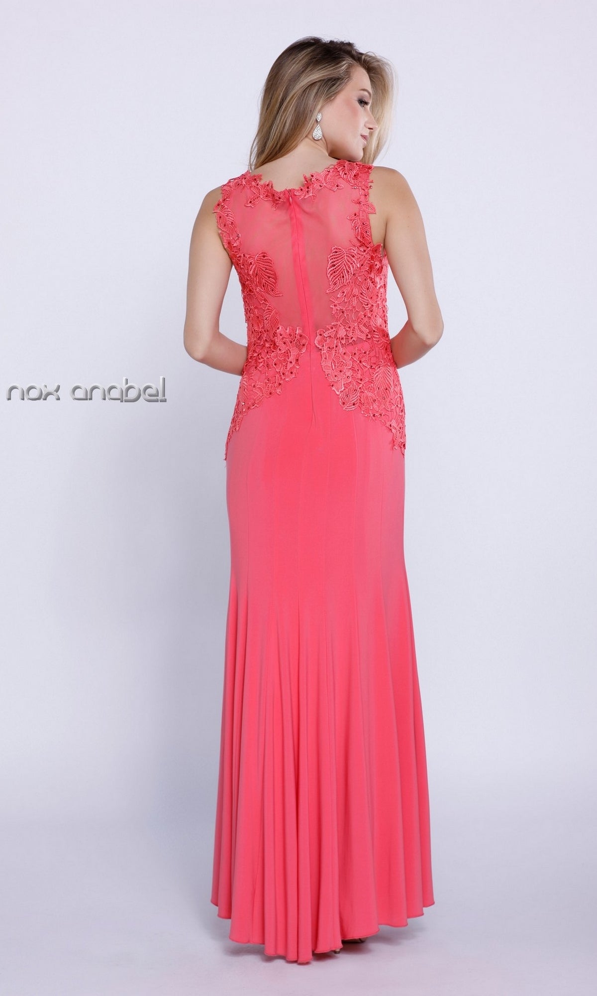 Sheer-Back Coral Pink Long Prom Dress